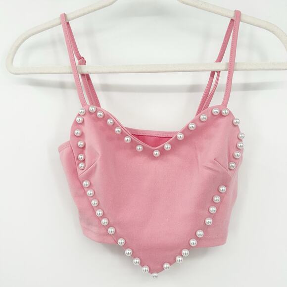 Shein Womens Girly Valentines Day Pearl‎ Beaded Heart Cami Crop Top Size XS Pink - Picture 2 of 7